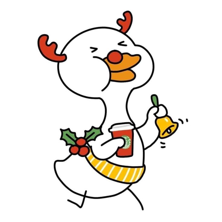 a cartoon duck with a christmas sweater holding a bell and a mug in its hand