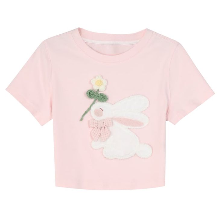 This cute and charming t-shirt features a lovely bunny design, making it a perfect addition to any kawaii or lolita wardrobe. The bowknot and flower detail add an extra touch of sweetness.  Please note that this product includes only one T-shirt.  Garment Size   	 		 			Size 			S 			M 			L 		 		 			Full Length 			37 			38.5 			40 		 		 			Bust 			77 			81 			85 		 		 			Shoulders 			33.5 			34.5 			35.5 		 		 			Sleeve Length 			15.5 			16 			16.5 		 		 			Hem Circumference 			70 			74 			78 Spring Cotton T-shirt With Bow, Cute White T-shirt With Bunny Design, Cute Bow T-shirt For Spring, Cute Short Sleeve Easter T-shirt, Cute Pink T-shirt With Bow, Pink Crew Neck Top With Bunny Design, Playful Spring Tops With Cute Design, Cute Bunny Design Crew Neck T-shirt, Cute Cotton Tops With Bunny Design