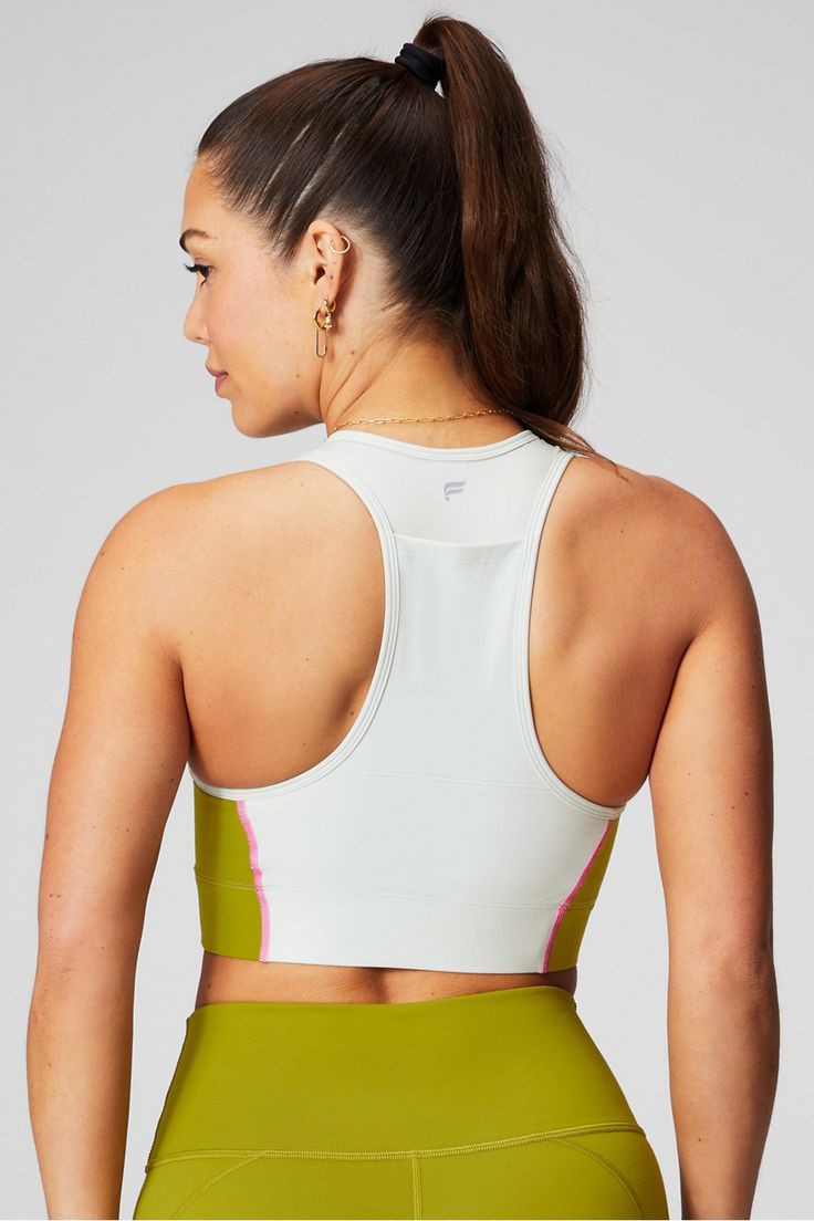 On-The-Go Medium Impact Sports Bra Fabletics green female Activewear >> Womens >> Sports Bras >> Medium Impact regular Training 4-Way Stretch/Moisture-Wicking/Removable Bra Cups Green Athleisure Sports Bra With Built-in Padding, Green Sports Bra For Sports, Green Sportswear Sports Bra, Green Sports Bra For Training, Green Medium Support Sports Bra, Green Activewear With Built-in Padding For Gym, Green High Stretch Racerback Activewear, High Stretch Green Activewear For Sports, Green Breathable Activewear For Workout