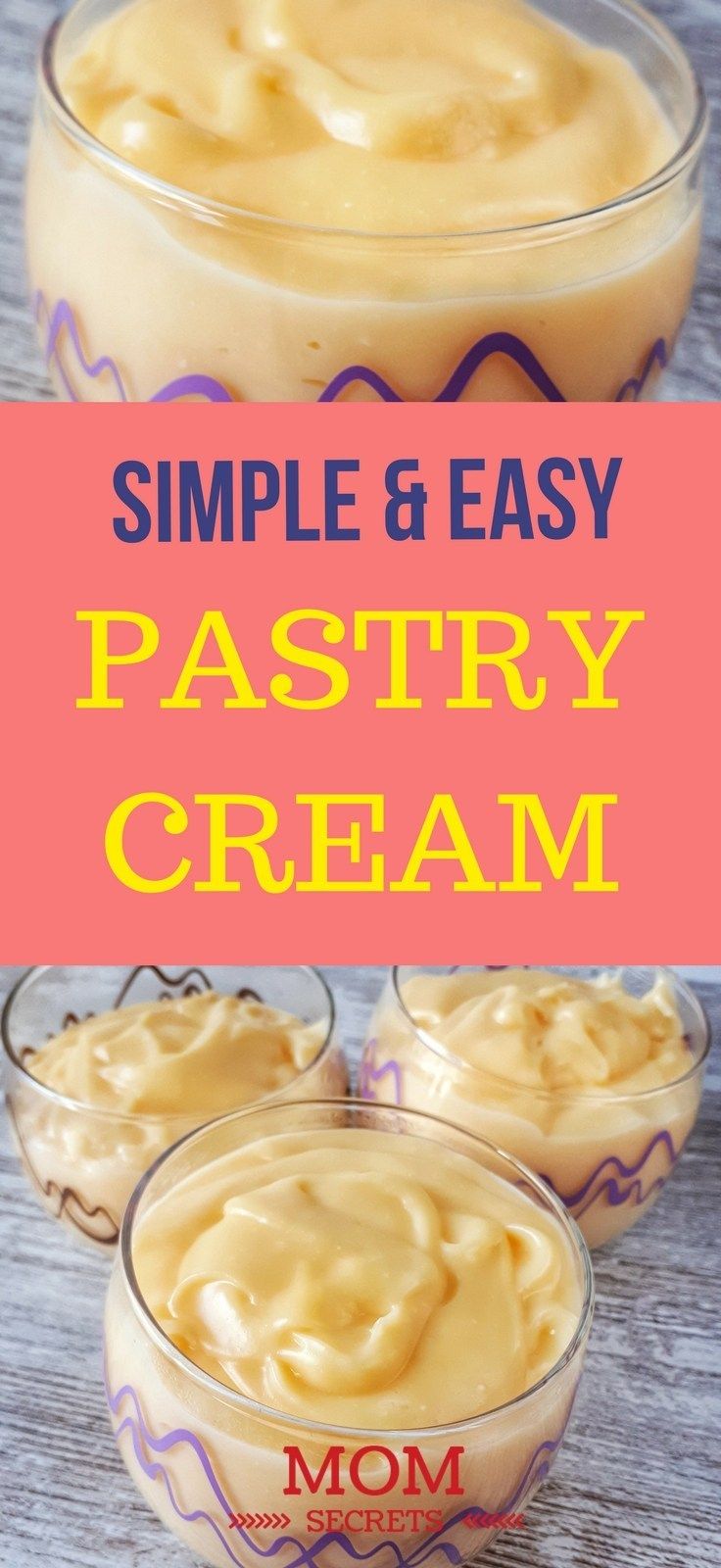 two small bowls filled with creamy cream and the words, simple & easy pastry cream