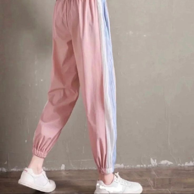 Pink, Blue, And White Track Pants Lightweight High Waisted Color Block Joggers Pink High Rise Joggers Pants Elastic Waistband Straight Leg Pants Cute Pastel Tracksuit Pants Barbiecore Pants Size Small Cotton Polyester Lightweight Material New Color Varies Slightly Depending On Lighting #Loungewear #Athleisure #Activewear #Yogapants #Nike #Puma #Newbalance #Alo #Lululemon #Aloleggings #Lululemonpants #Fabletics #Workoutpants #Adidas #Reebok #Lululemonbra #Aloshorts #Nikeshorts #Minimalist #Oldmon Pink Stretch Wide Leg Parachute Pants, Pink High Waist Parachute Pants For Spring, Trendy Pink Parachute Pants For Spring, Casual Cotton Color Block Pants, Trendy Pink Parachute Pants, Casual Stretch Pink Bottoms, Pink Cotton Sweatpants, Casual Pink Cotton Joggers, Casual Pink Parachute Pants For Spring