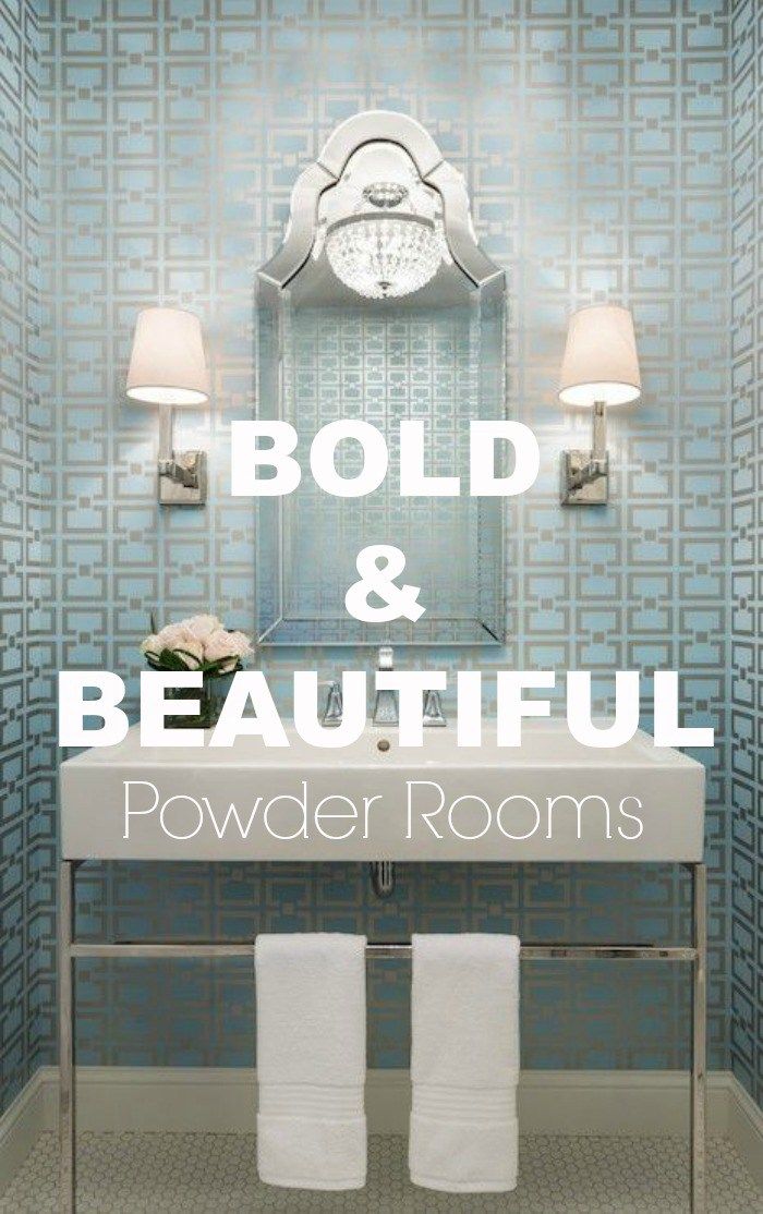 a bathroom with blue wallpaper and white towels on the counter, along with text overlay that reads bold & beautiful powder rooms