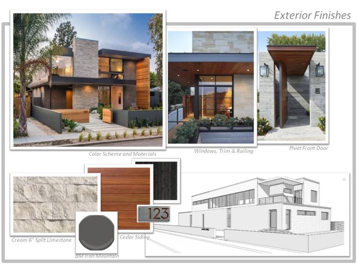 an architectural rendering of a modern house with wood and stone accents, including the exterior