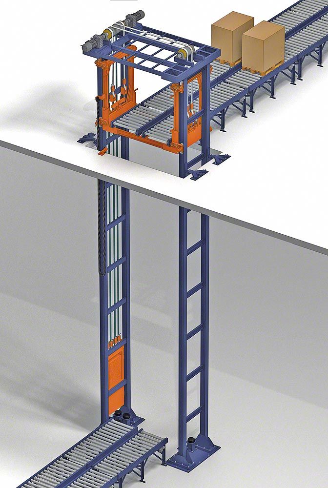 an assembly line with boxes on the top and bottom, along with another conveyor belt