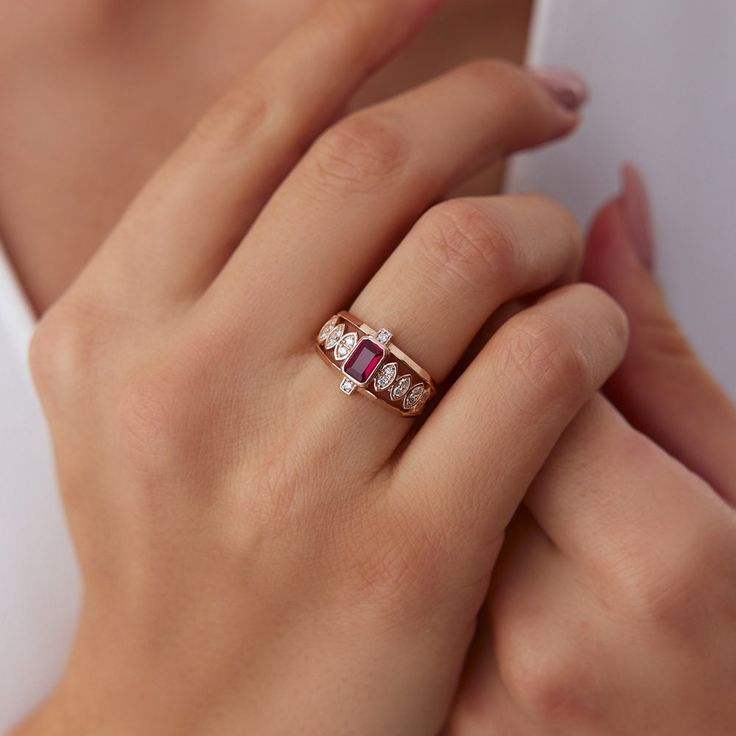 14k Gold Ruby Crown Ring | 14k Solid Gold Red Ruby Statement Rings for Women | 14k Rose Gold Band Diamond Ruby Crown Ring For Her 14 K 3.44 GR  Diamond :0.23 Ct F SI, O.64 CT Ruby - With our 30 years of experience in the gold and jewelry industry, it is a great source of pleasure for us to produce useful jewelry that you can wear with pleasure. - Every woman is special. And all women are more precious to us than any jewel. I wish you a pleasant shopping experience.  - Thank you for choosing HYGo Classic 14k Rose Gold Ruby Ring For Anniversary, Fine Jewelry Rose Gold Rings Stamped 14k, Classic Rose Gold Vvs Clarity Birthstone Ring, Classic Rose Gold Ruby Ring For Anniversary, Fine Jewelry Rose Gold Birthstone Promise Ring, Red 14k Rose Gold Rings For Anniversary, Classic 14k Rose Gold Ruby Ring Gift, Rose Gold Birthstone Promise Ring In Fine Jewelry, Emerald Cut Rose Gold Birthstone Rings