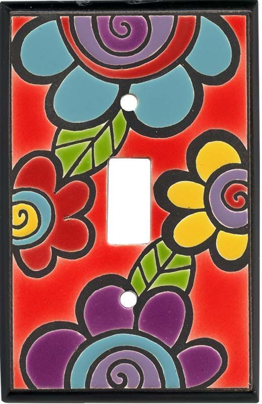 a decorative light switch plate cover with flowers on red and blue background, painted in multi - colored acrylic paint