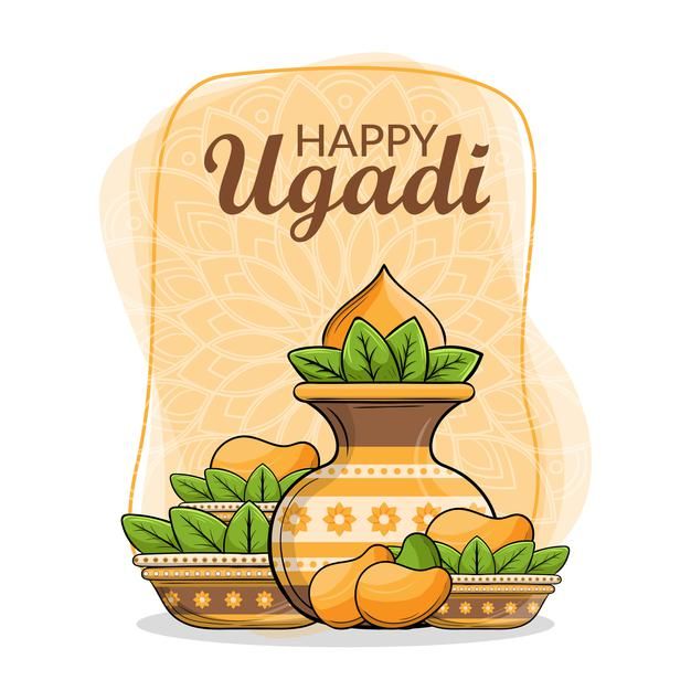 happy ugadi greeting card with decorative vases and flowers on an orange background