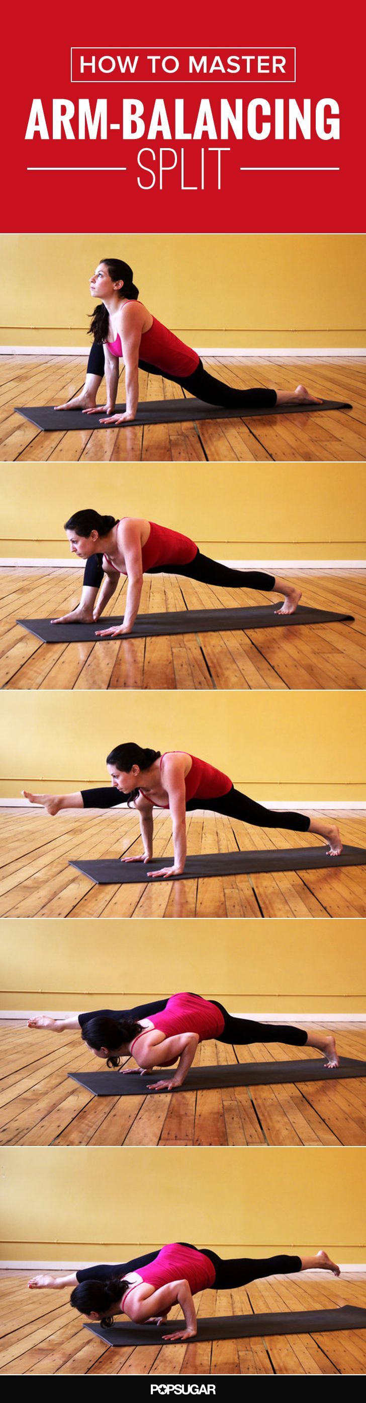 three women doing yoga poses on the floor with text overlay that reads how to master arm - balancing splits