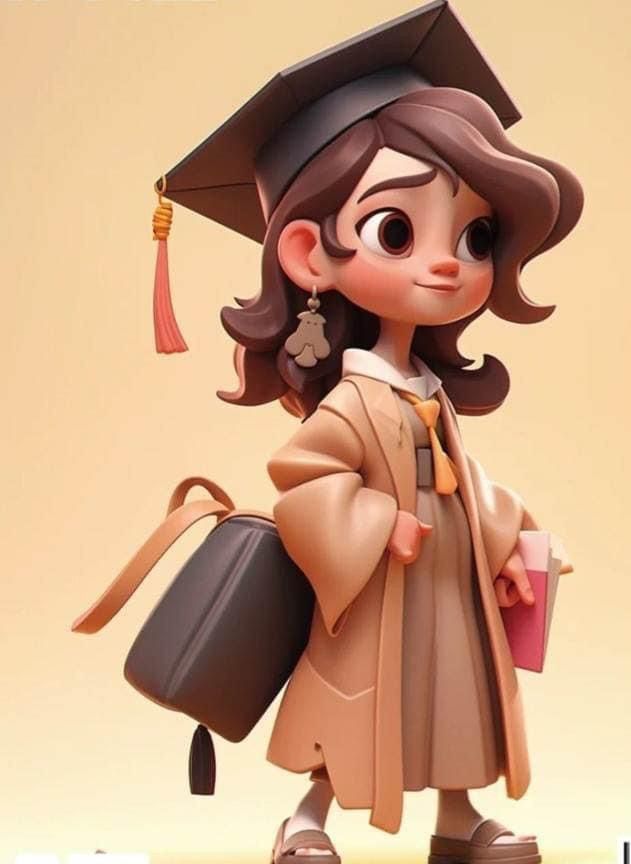 a cartoon character with a graduation cap and gown holding a cup in one hand and a purse in the other