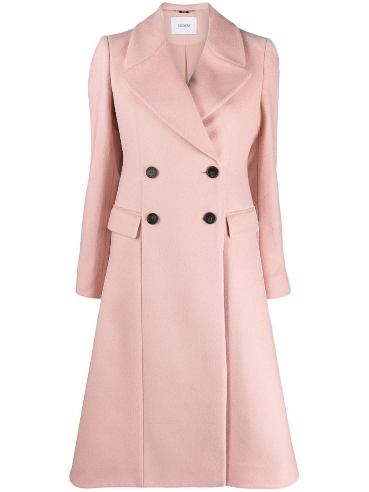 blush pink wool-cashmere blend silk lining classic lapels double-breasted button fastening long sleeves two front flap pockets flared mid-length Pink Wool Coat, Tailoring Details, Floral Coat, Pink Coat, Silk Jacket, Long Sleeves Coats, Double Breasted Coat, Work Attire, Character Outfits