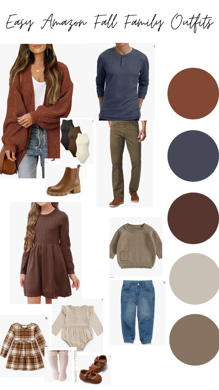 some people are wearing sweaters, jeans and shoes with the words easy autumn fall family outfits