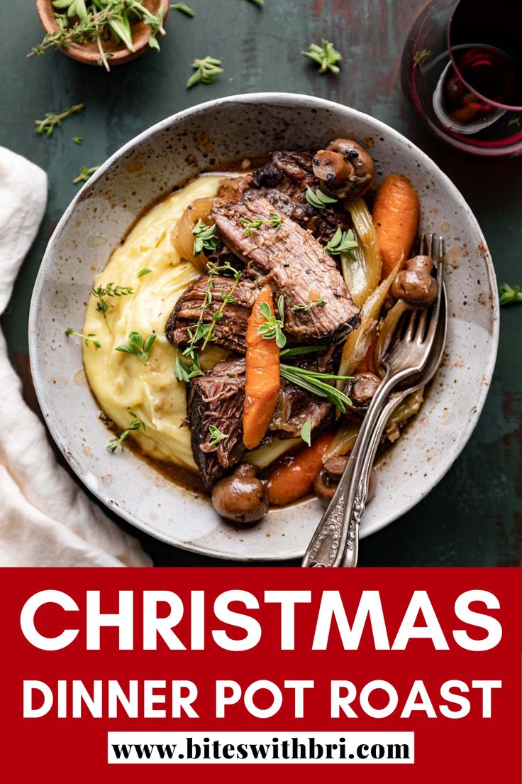 christmas dinner pot roast with mushrooms, carrots and gravy in a bowl