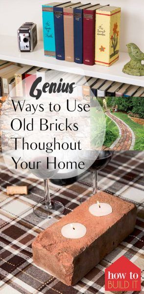 a book shelf with books on it and the title genius ways to use old bricks throughout your home