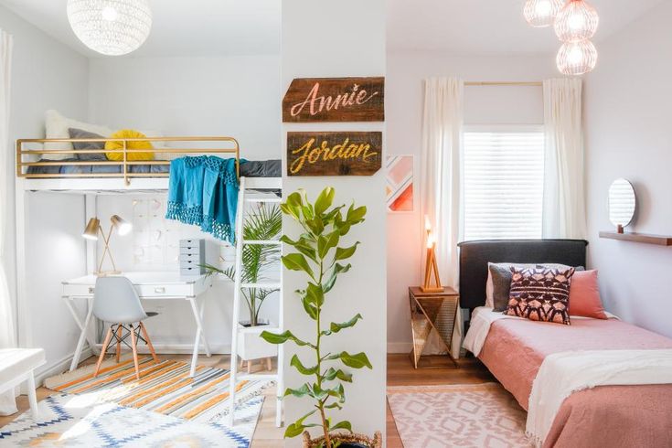 a bedroom with bunk beds and a desk in the corner