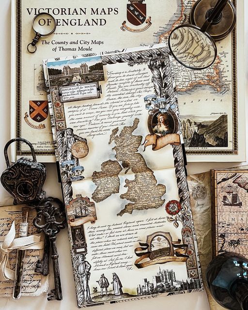 an assortment of items are displayed on a table with the words victorian maps and other things