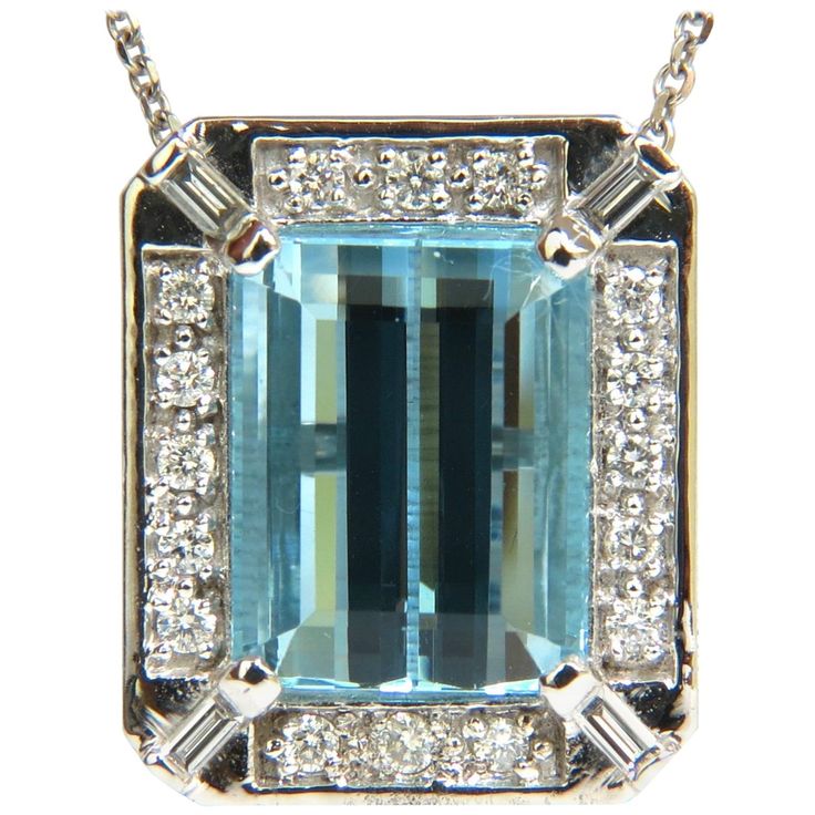 16.59ct. Natural Aquamarine Please see GIA Report Vibrant emerald cut Superb clear clarity Prime Aqua color Side diamonds: (4) baguettes on corners and rounds: .80ct. Full cuts and rounds. G-color Vs-2 clarity. Overall: 25.2 X 24.1mm Depth: 9.3mm 18 inch Necklace to accompany All of 14kt. white gold. Grand weight: 13.5 grams Appraisal will accompany for: $14,000 Jewelry Aquamarine, Art Deco Pendant Necklace, Expensive Jewelry Luxury, Diamonds Necklace, Aquamarine Pendant, Sparkly Jewelry, Aquamarine Jewelry, White Gold Necklaces, Diamond Pendant Necklace