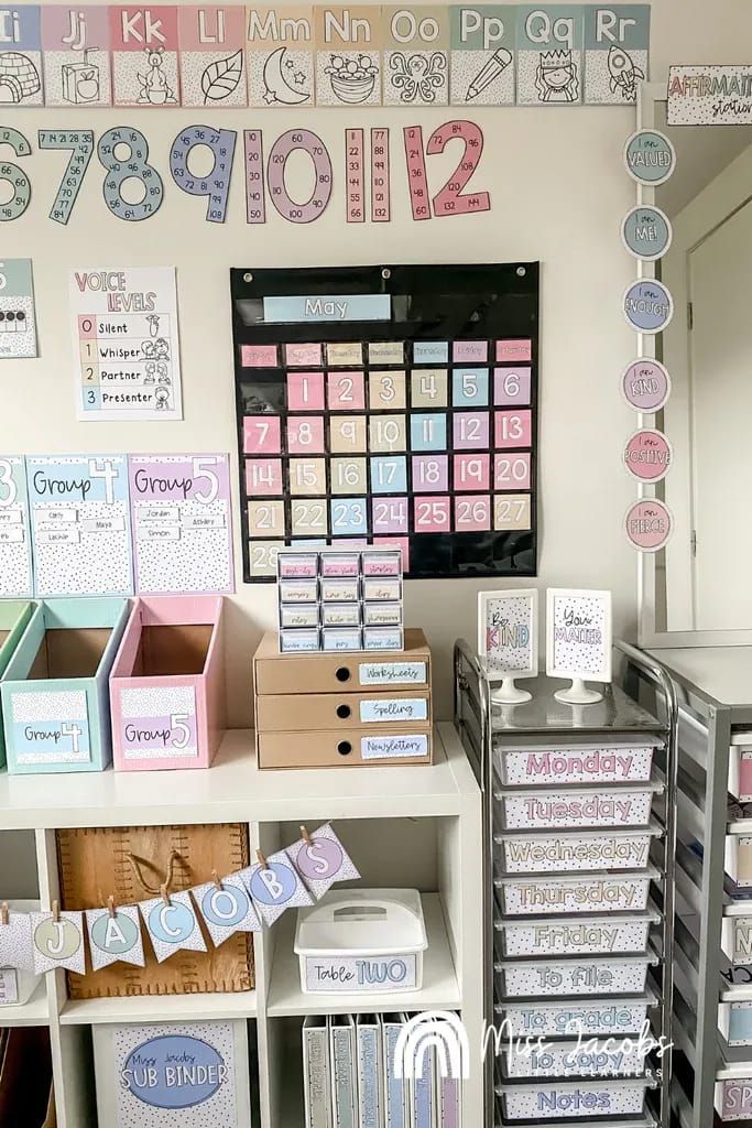 there are many items on the shelves in this room that is decorated with pink, blue and white