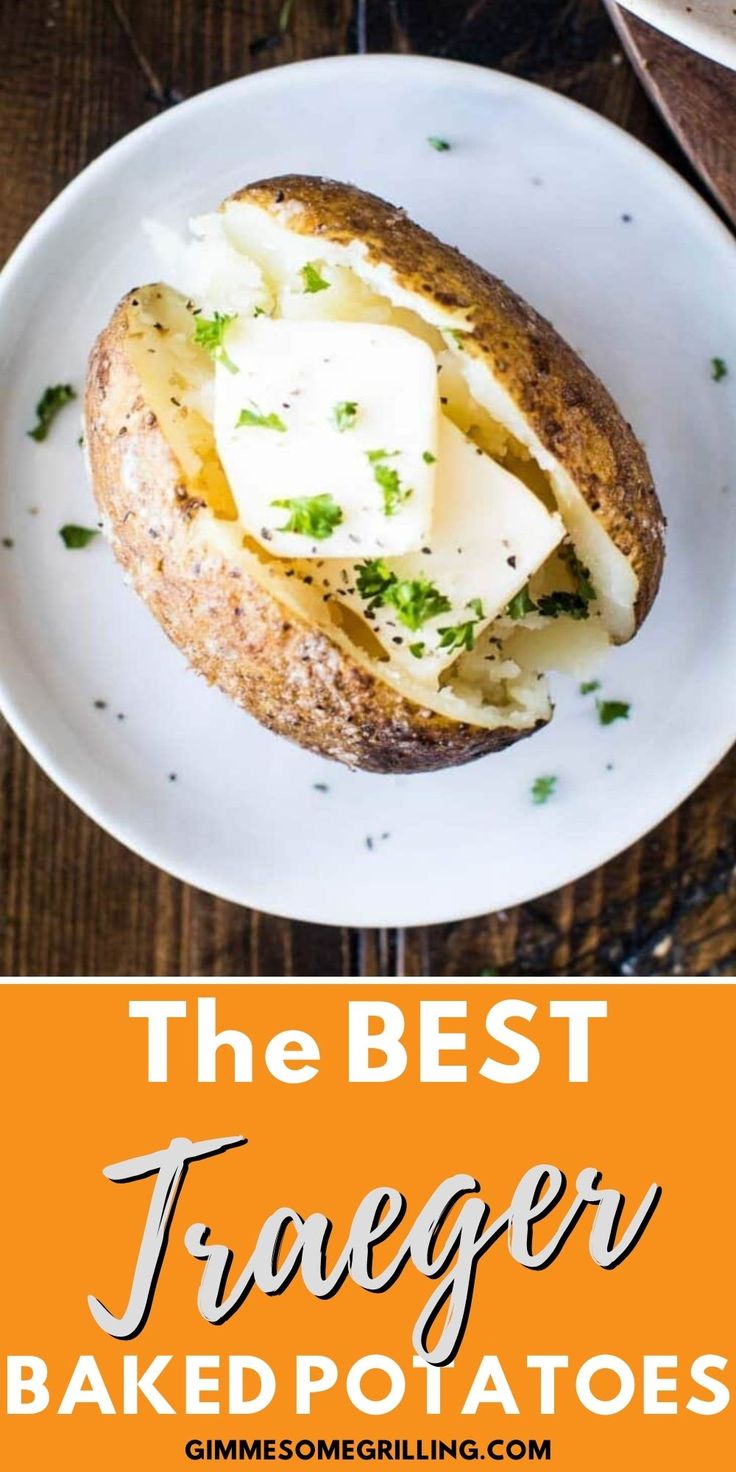 the best feta cheese baked potatoes recipe on a white plate with text overlay