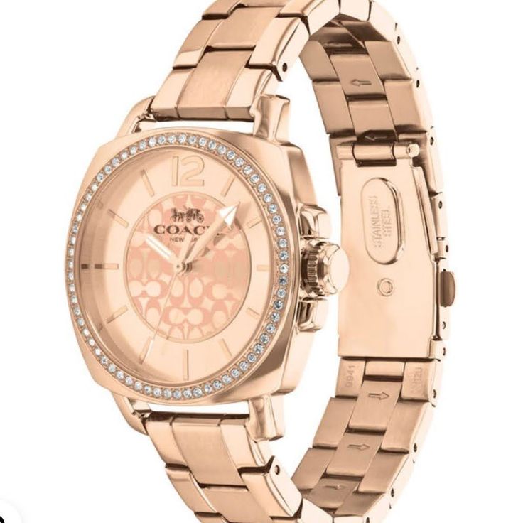 Coach Boyfriend Watch Rose Gold One Size Brand New, Never Worn With Tag And Original Box Movement: Quartz Lug Width: 15 Mm Watch Shape: Round Display: Analog Clasp: Push Button Deployment Clasp Case Material: Stainless Steel, Rose Gold, Gold Plated Water Resistance Up To 30 M Band Color: Gold, Pink Case Size: 34 Mm Dial Style 12-Hour Dial, Non-Numeric Hour Marks, Multiple Hands Crystals From Swarovski Mineral Crystal Weight: 4.41 Ounces Style Casual, Dress/Formal, Classic, Elegant Elegant Pink Diamond Watch For Gift, Elegant Pink Diamond Watch As Gift, Pink Watches With Diamond Hour Markers, Timeless Pink Diamond Watch For Gift, Timeless Pink Diamond Watch Gift, Timeless Pink Diamond Watch As Gift, Elegant Pink Analog Watch, Elegant Pink Watches With Subdials, Luxury Pink Watch For Anniversary