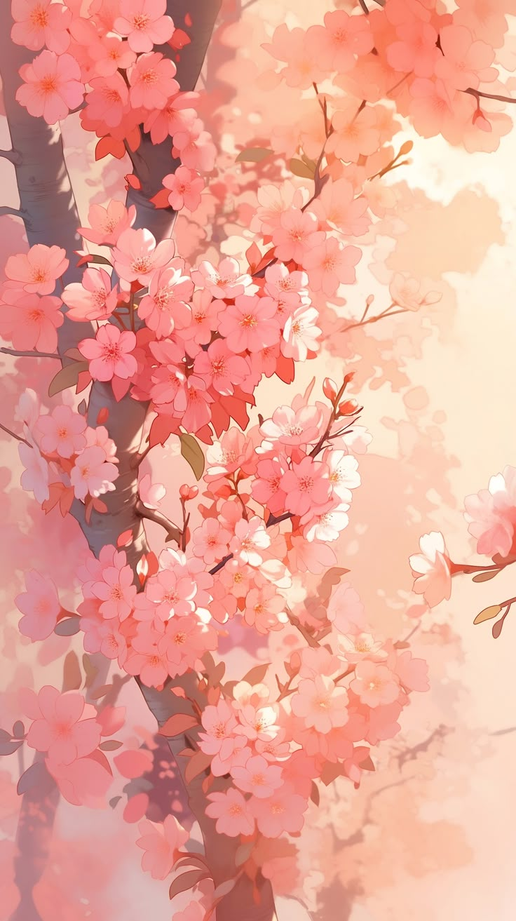 pink flowers are blooming on the branches of a tree in front of a light colored background