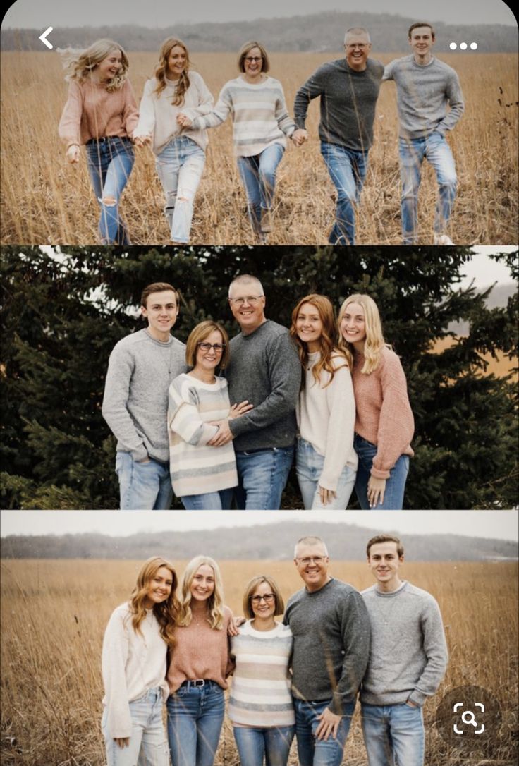 the family is posing for pictures in their field