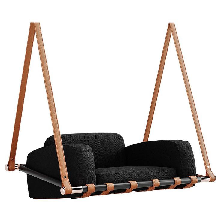 a black and brown swing chair with two seats on each side, hanging from a wooden frame