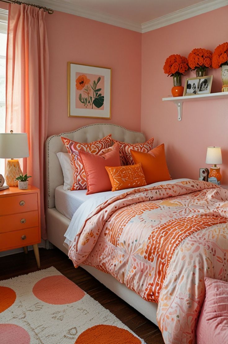 a bedroom with pink walls and orange accents