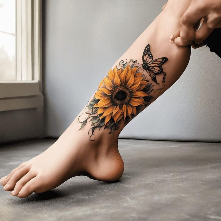 a person with a sunflower tattoo on their foot and the bottom part of her leg