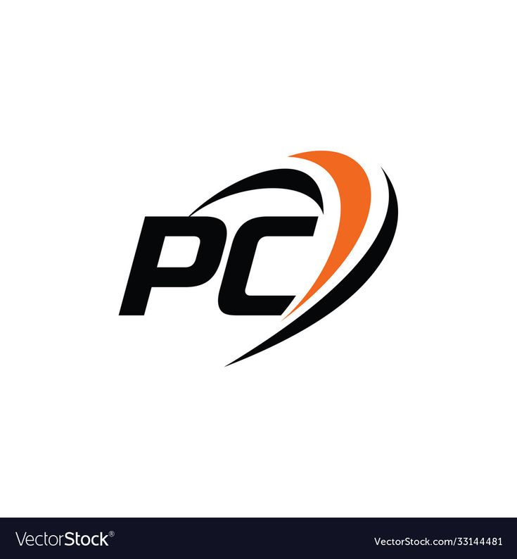 the letter pc logo with an orange and black circle on it's center side