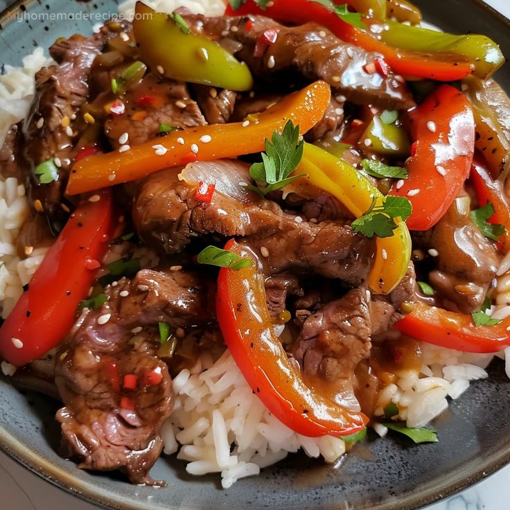 a plate with rice, meat and peppers on it