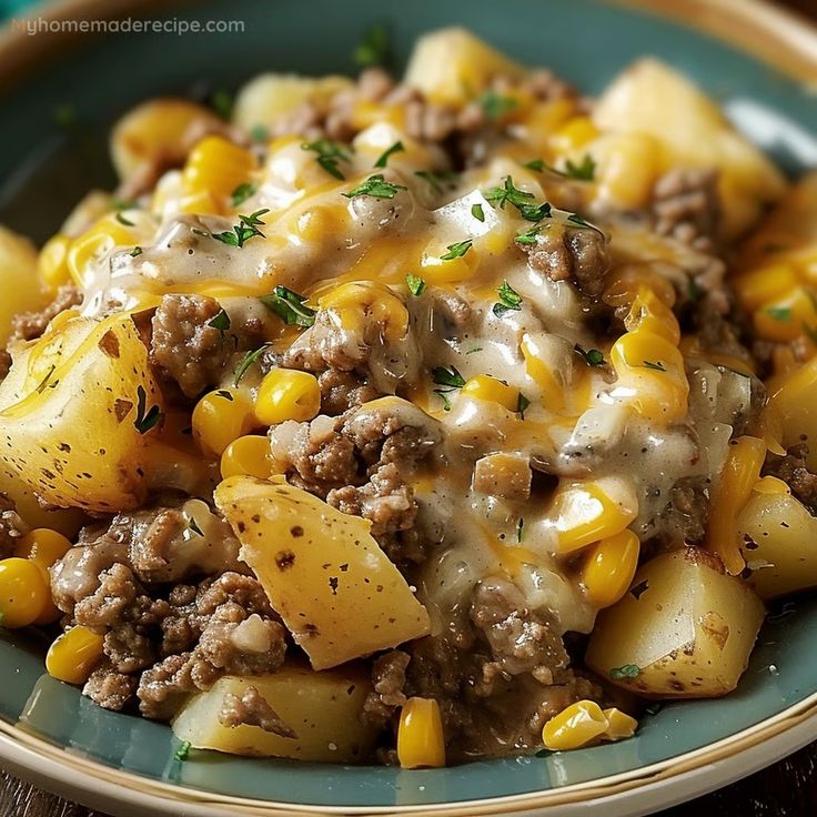 a blue plate topped with potatoes and meat covered in gravy on top of a wooden table