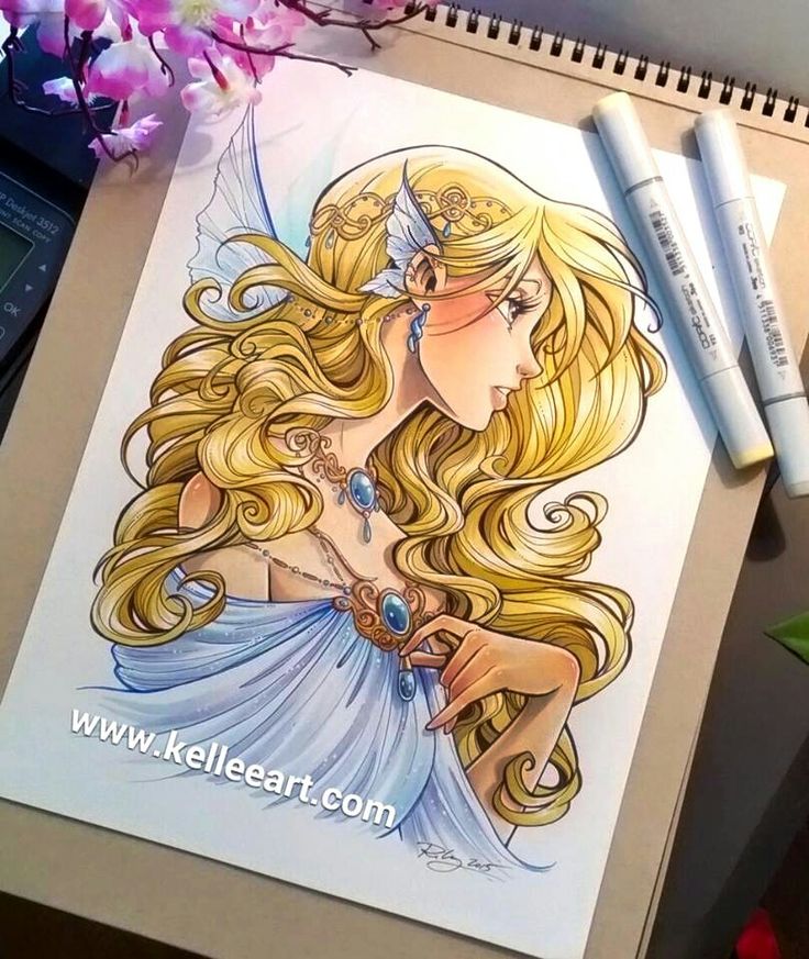 a drawing of a blonde haired girl with blue eyes and long hair, wearing a tiara