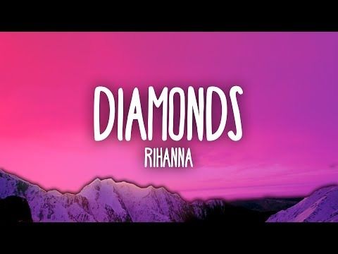 the words diamonds written in white on a purple and pink background with mountains behind it