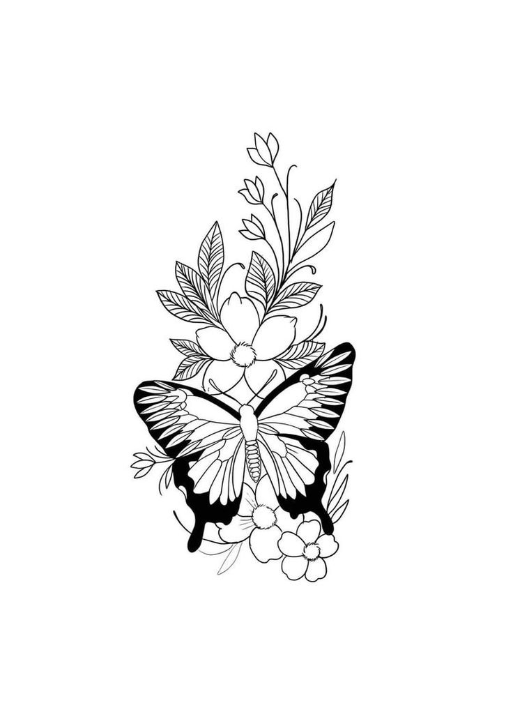 a black and white drawing of a butterfly with flowers