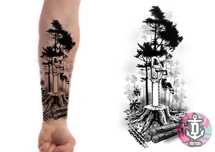 a person with a tattoo on their arm next to an image of a tree and bench