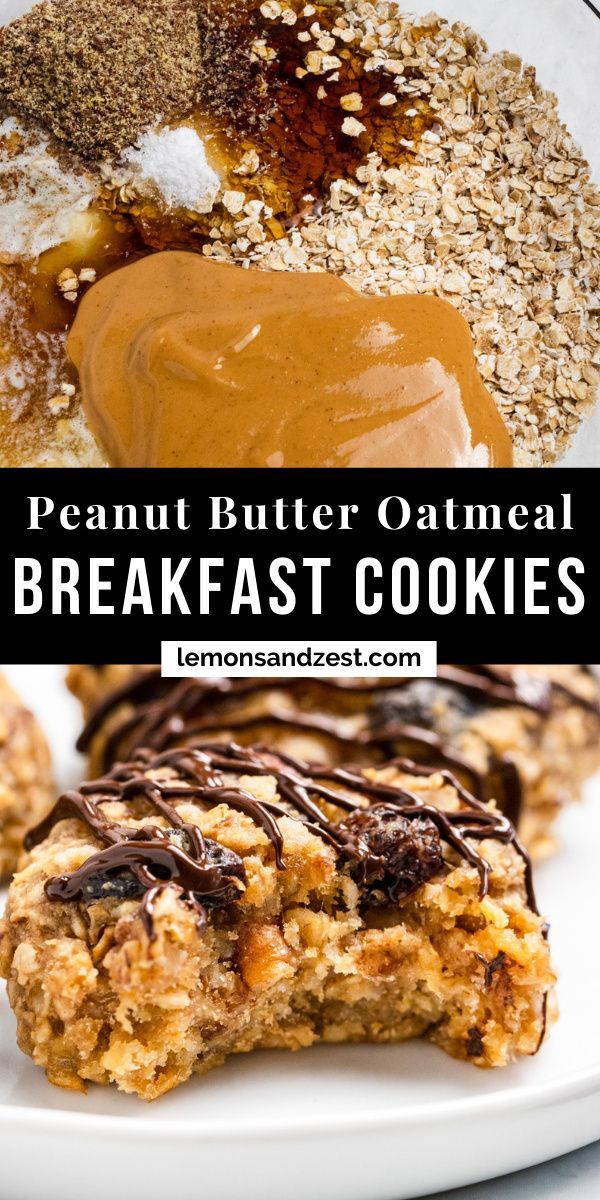 breakfast cookies with peanut butter, oatmeal and chocolate drizzled on top