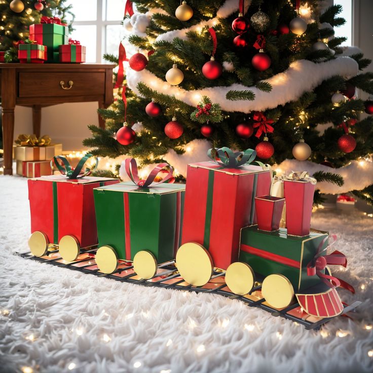 a christmas tree is decorated with presents and lights in front of a train on the floor