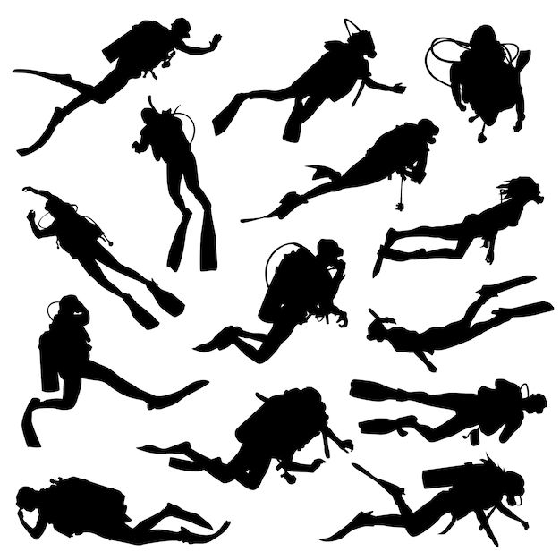 silhouettes of scuba divers in various poses and positions, including the diver's head