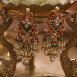 2 In 1 Earrings Gold, Silver Stone Jewellery, Kempu Earrings Gold, Gold Plated Silver Jewellery Indian, Buttalu Earrings Gold, Gold Jhumka Designs, Jadau Jhumka, Traditional Jhumka, Temple Jewellery Earrings