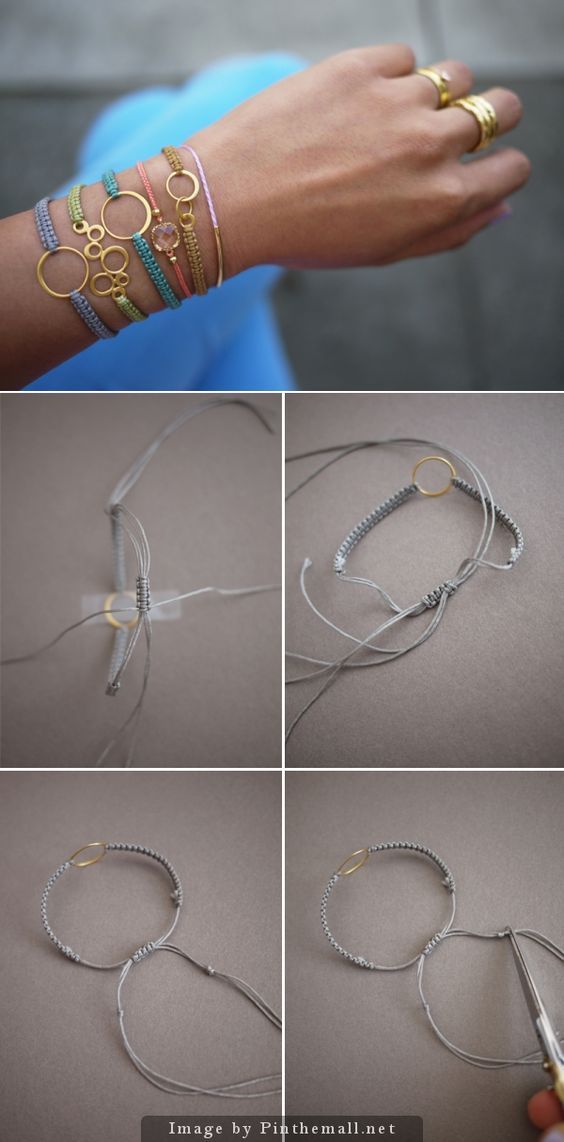 four pictures showing different types of bracelets with gold and silver wire attached to them