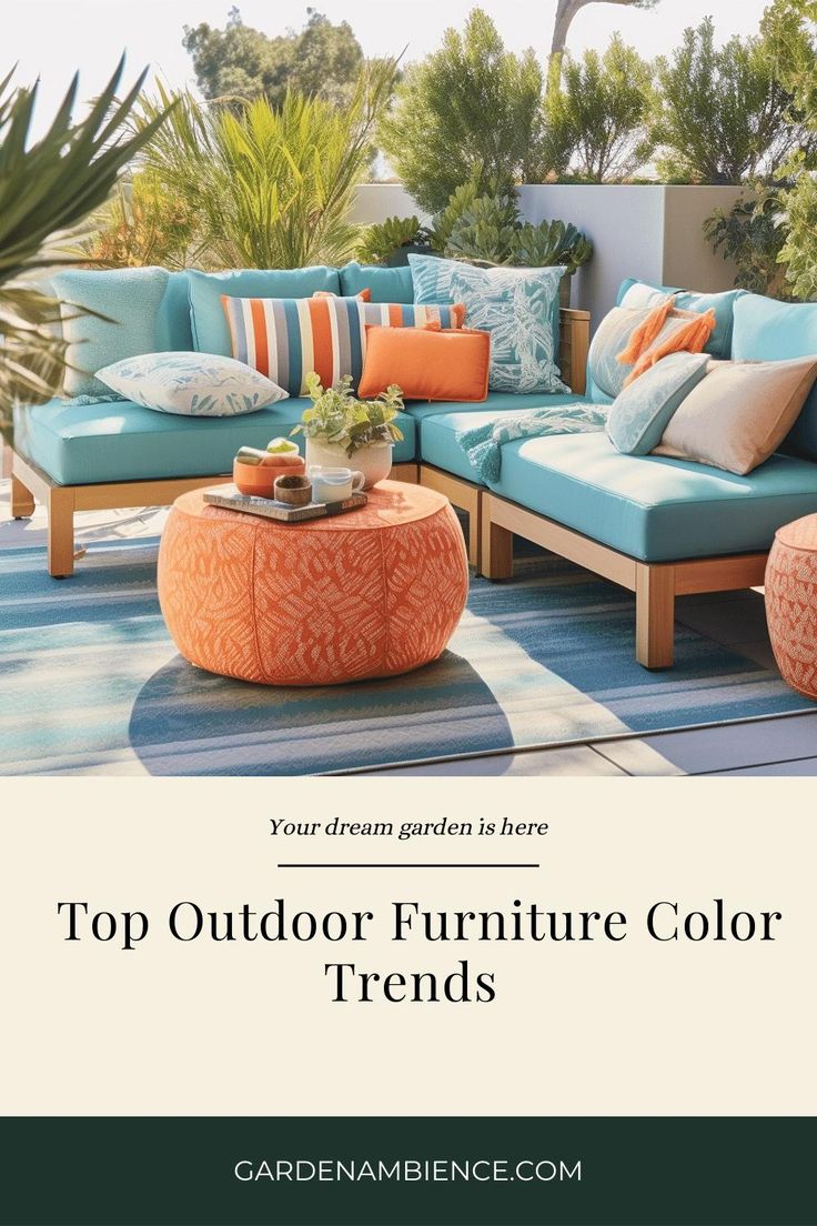 an outdoor furniture color scheme with orange and blue pillows