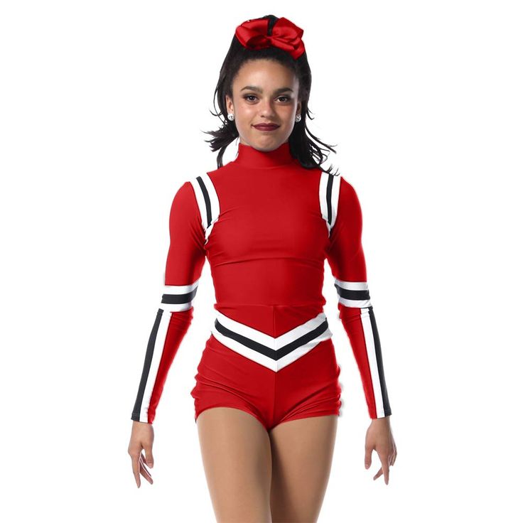 a woman in a red and white cheerleader outfit is posing for the camera with her hands on her hips