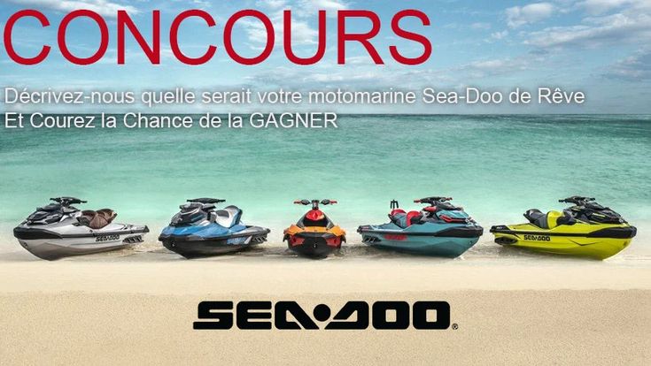 four jet skis lined up on the beach with text that reads sea doo concours