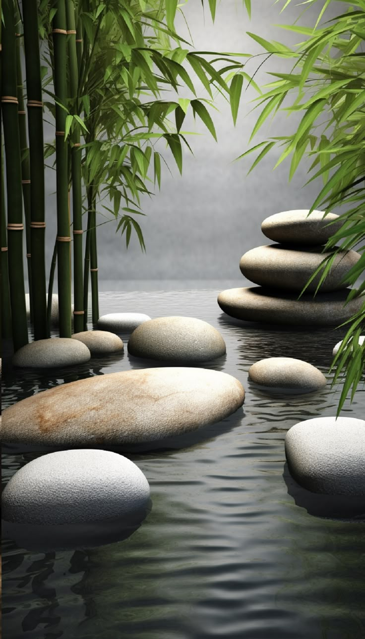 some rocks and bamboo plants in the water