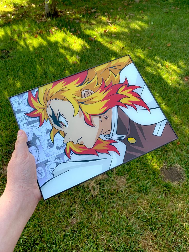 This is a glass painting done by yours truly of Rengoku.  It’s made with high quality glass and acrylic paint.  I have painted it backwards so that when you flip it of you see the painting.  It’s then placed into a front loading frame. Rengoku Glass Painting, Rengoku Painting, Anime Behind Glass, Kids Canvas Art, Rengoku Kyojuro, Glass Paintings, Animation Art Sketches, Anime Canvas Art, Anime Decor