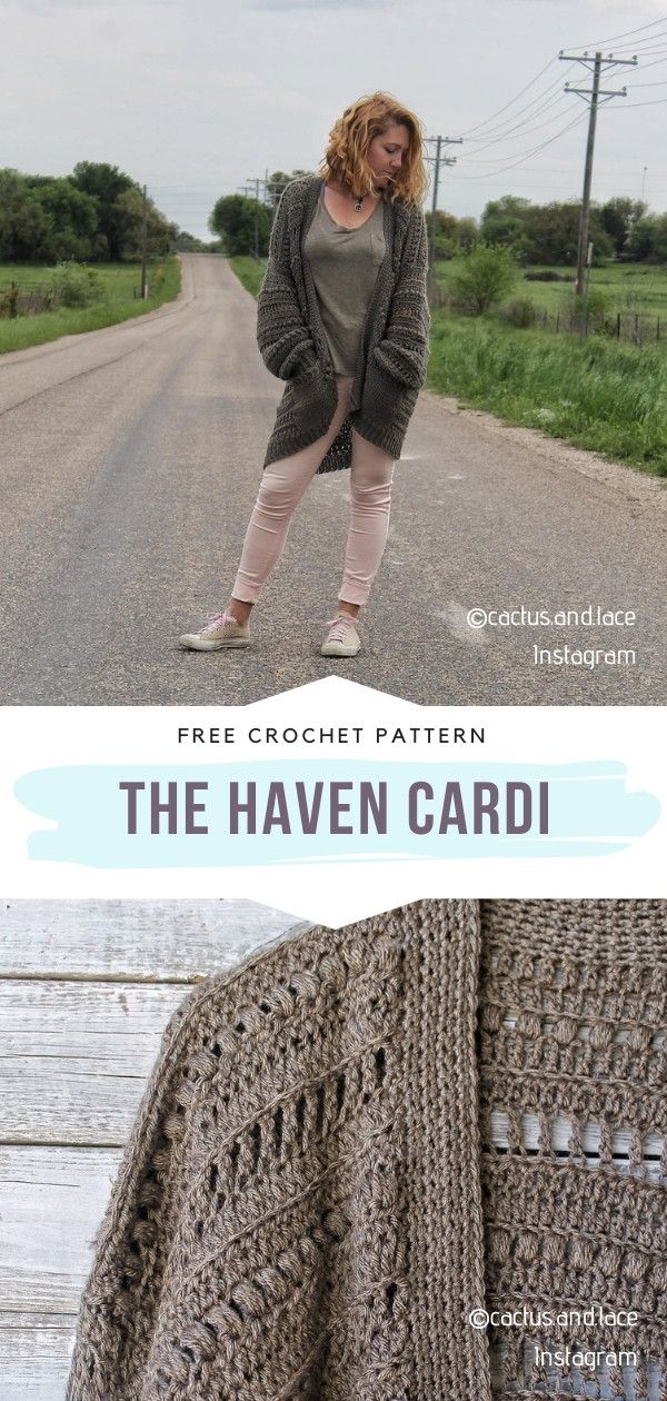 the crochet cardigan pattern is shown with text that reads, free crochet pattern the haven cardigan