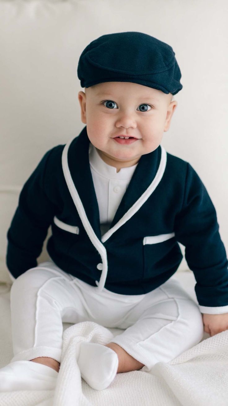 Elliott 3-Piece Suit | Baby Beau & Belle #babybeauandbelle #babyboys #babyboyclothing #weddingstyle #ringbeareroutfit #ringbearer Classic Navy Cotton Blazer, Suit For Wedding, Soft Navy Blue, Ring Bearer Outfit, Blue French, 3 Piece Suits, Wedding Suits