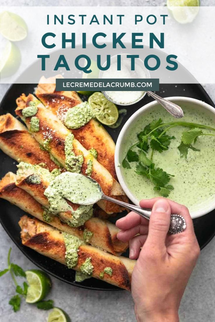 a plate with chicken taquitass and guacamole on the side