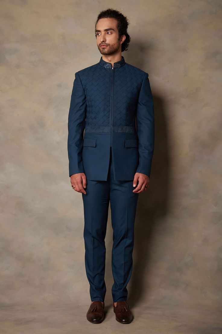 Embroidered Bandhgala, Blue Bandhgala, Indian Wedding Suits Men, Stylish Boy Clothes, Suits And Sneakers, Black Tie Optional, Embroidered Collars, Stylish Boys, Wedding Suits Men