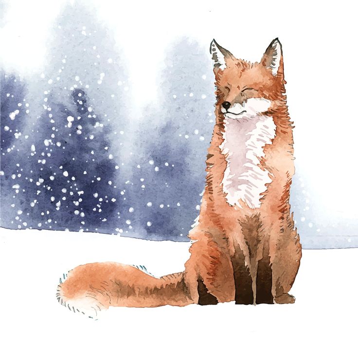 a watercolor painting of a fox sitting in the snow